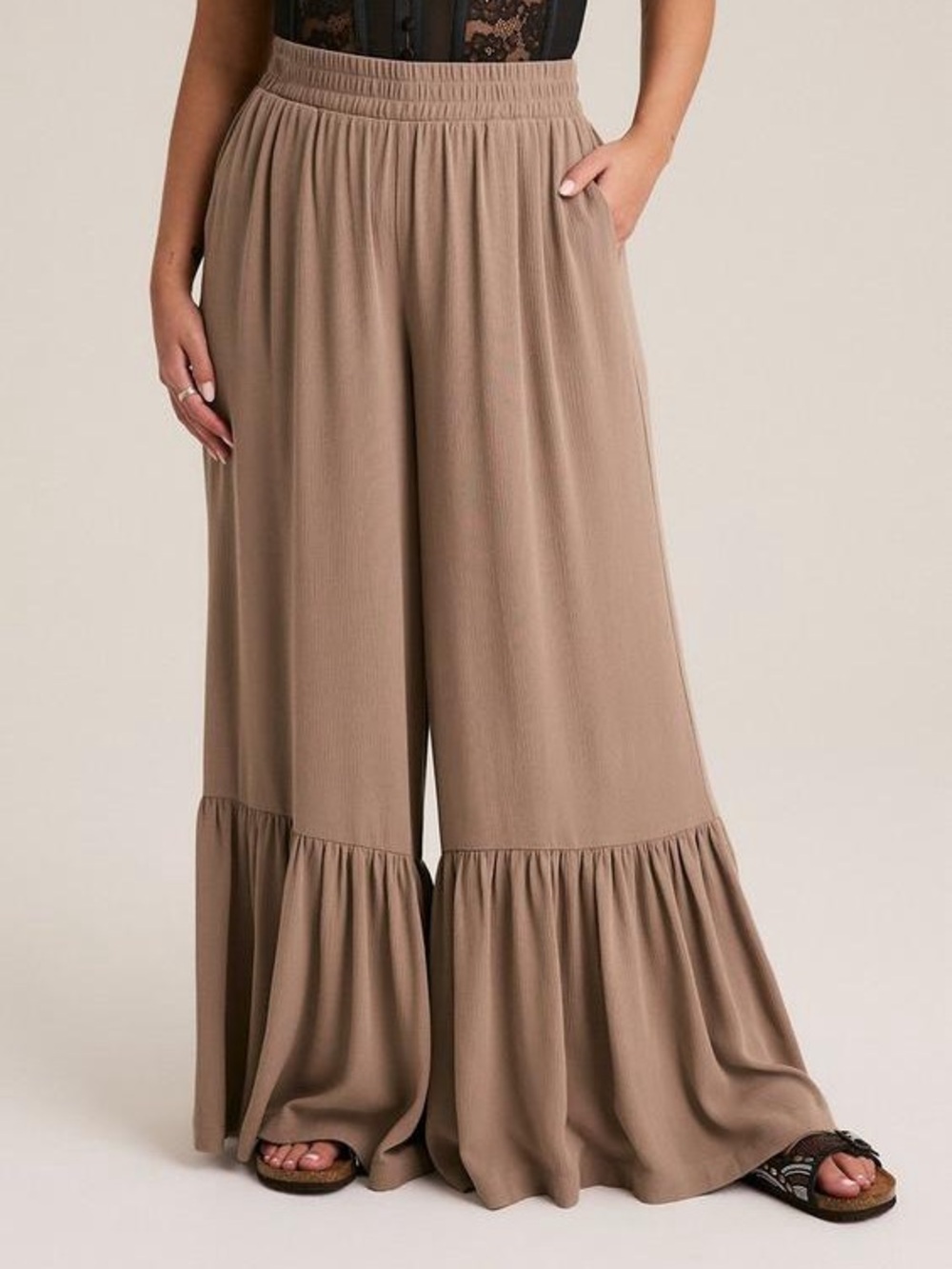 torrid Taupe Wide-Leg Ruffle Hem Palazzo Pants